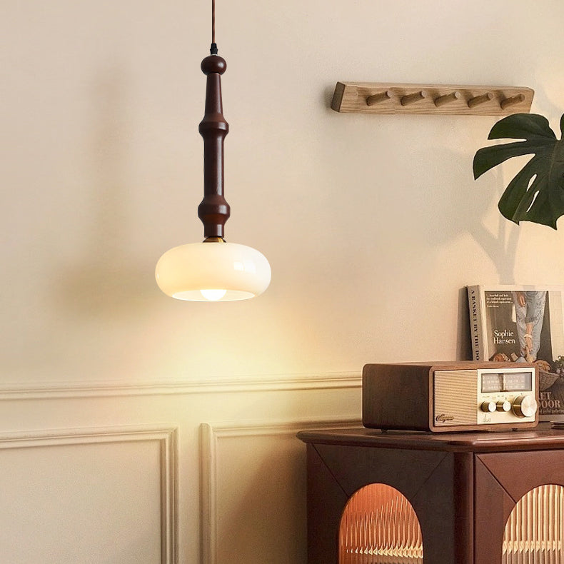 Lámpara colgante de 1 luz de cilindro redondo plano de vidrio de madera de caucho vintage tradicional para dormitorio y sala de estar 