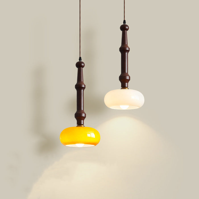 Lámpara colgante de 1 luz de cilindro redondo plano de vidrio de madera de caucho vintage tradicional para dormitorio y sala de estar 