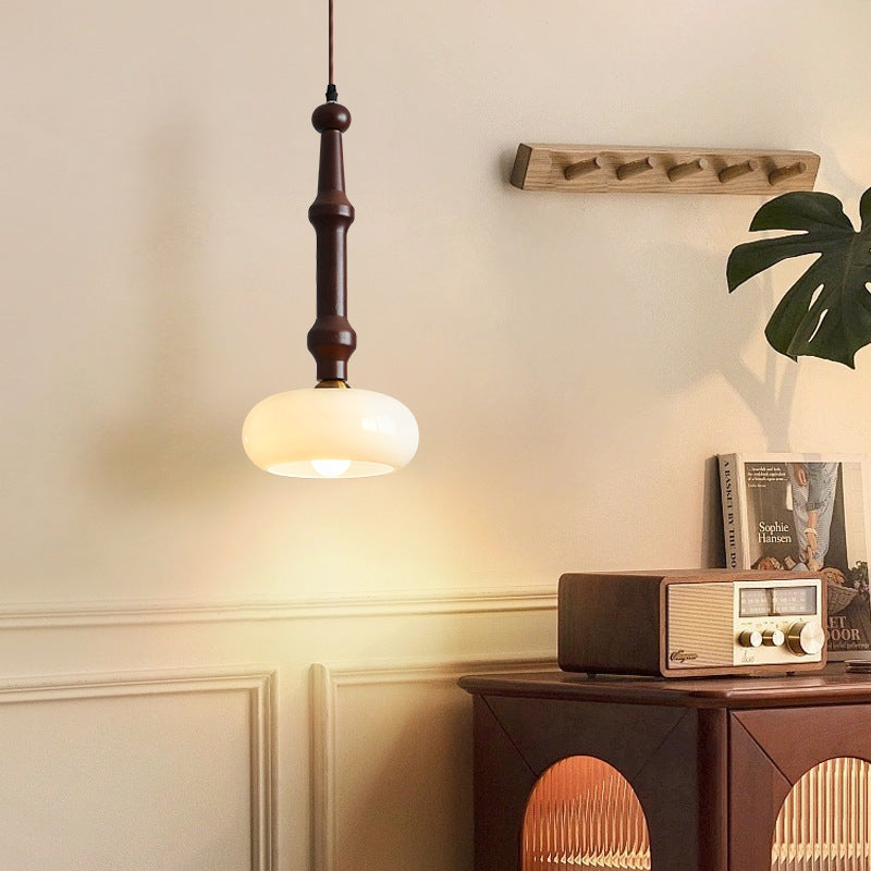 Lámpara colgante de 1 luz de cilindro redondo plano de vidrio de madera de caucho vintage tradicional para dormitorio y sala de estar 