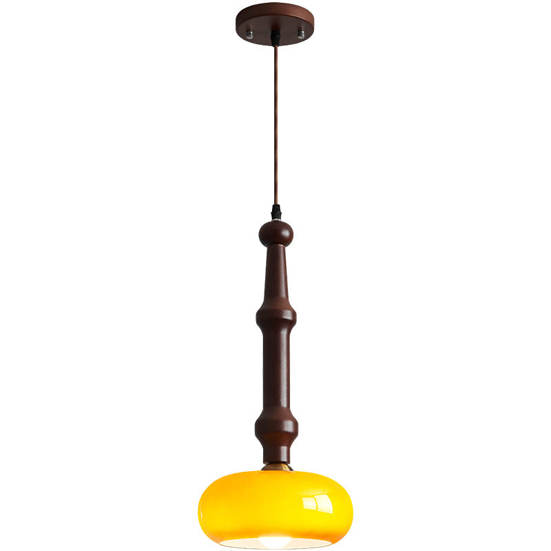 Lámpara colgante de 1 luz de cilindro redondo plano de vidrio de madera de caucho vintage tradicional para dormitorio y sala de estar 