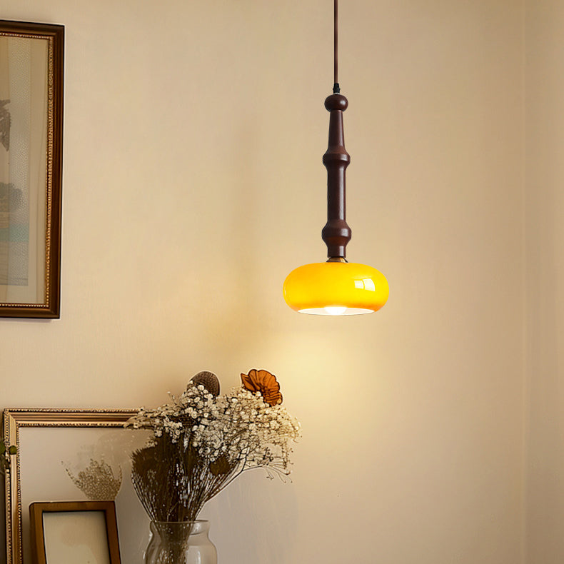 Lámpara colgante de 1 luz de cilindro redondo plano de vidrio de madera de caucho vintage tradicional para dormitorio y sala de estar 