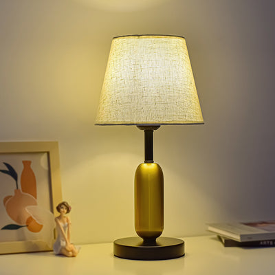 Zeitgenössische skandinavische Stoff-Metall-Ventilator-förmige runde Zylinder-LED-Tischlampe für das Schlafzimmer 