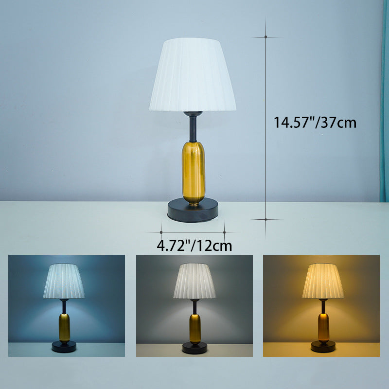 Zeitgenössische skandinavische Stoff-Metall-Ventilator-förmige runde Zylinder-LED-Tischlampe für das Schlafzimmer 