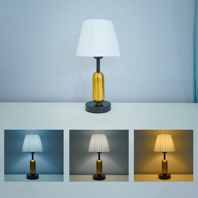 Zeitgenössische skandinavische Stoff-Metall-Ventilator-förmige runde Zylinder-LED-Tischlampe für das Schlafzimmer 