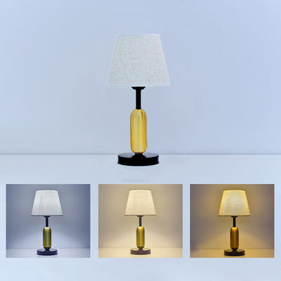 Zeitgenössische skandinavische Stoff-Metall-Ventilator-förmige runde Zylinder-LED-Tischlampe für das Schlafzimmer 