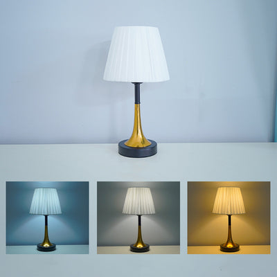 Zeitgenössische skandinavische Stoff-Metall-Ventilator-förmige runde Zylinder-LED-Tischlampe für das Schlafzimmer 