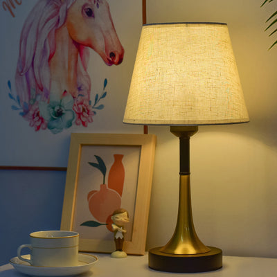 Zeitgenössische skandinavische Stoff-Metall-Ventilator-förmige runde Zylinder-LED-Tischlampe für das Schlafzimmer 