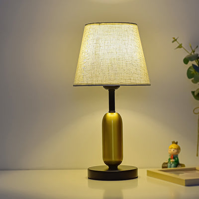 Zeitgenössische skandinavische Stoff-Metall-Ventilator-förmige runde Zylinder-LED-Tischlampe für das Schlafzimmer 