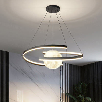 Lámpara de araña LED con forma de planeta de arco de hierro de aluminio minimalista moderno para sala de estar y comedor 