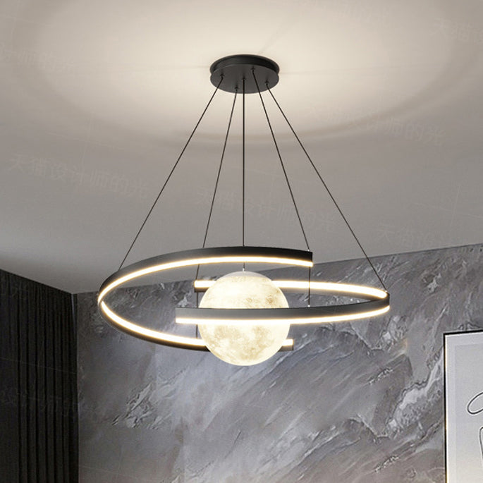 Lámpara de araña LED con forma de planeta de arco de hierro de aluminio minimalista moderno para sala de estar y comedor 