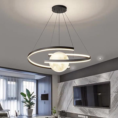 Lámpara de araña LED con forma de planeta de arco de hierro de aluminio minimalista moderno para sala de estar y comedor 