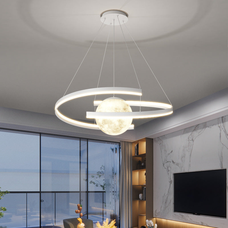 Lámpara de araña LED con forma de planeta de arco de hierro de aluminio minimalista moderno para sala de estar y comedor 