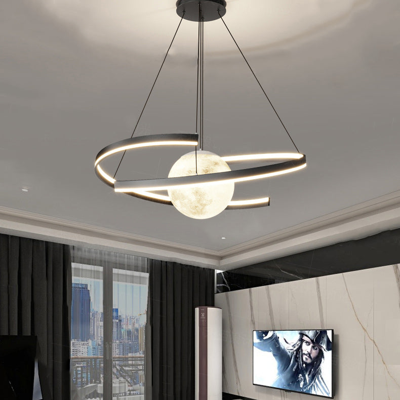 Lámpara de araña LED con forma de planeta de arco de hierro de aluminio minimalista moderno para sala de estar y comedor 