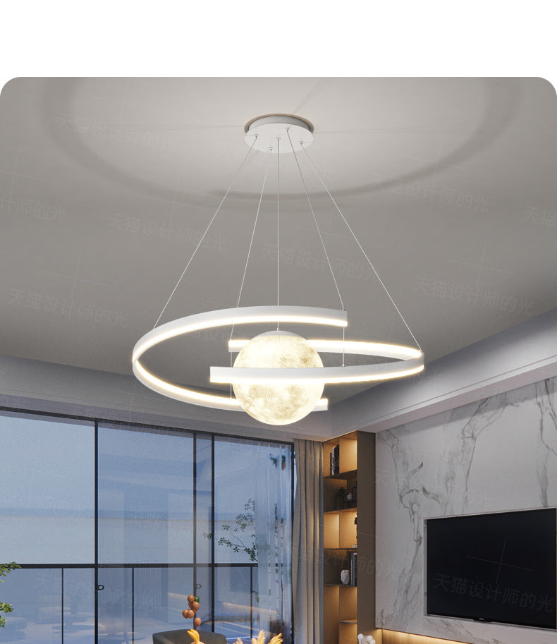 Lámpara de araña LED con forma de planeta de arco de hierro de aluminio minimalista moderno para sala de estar y comedor 