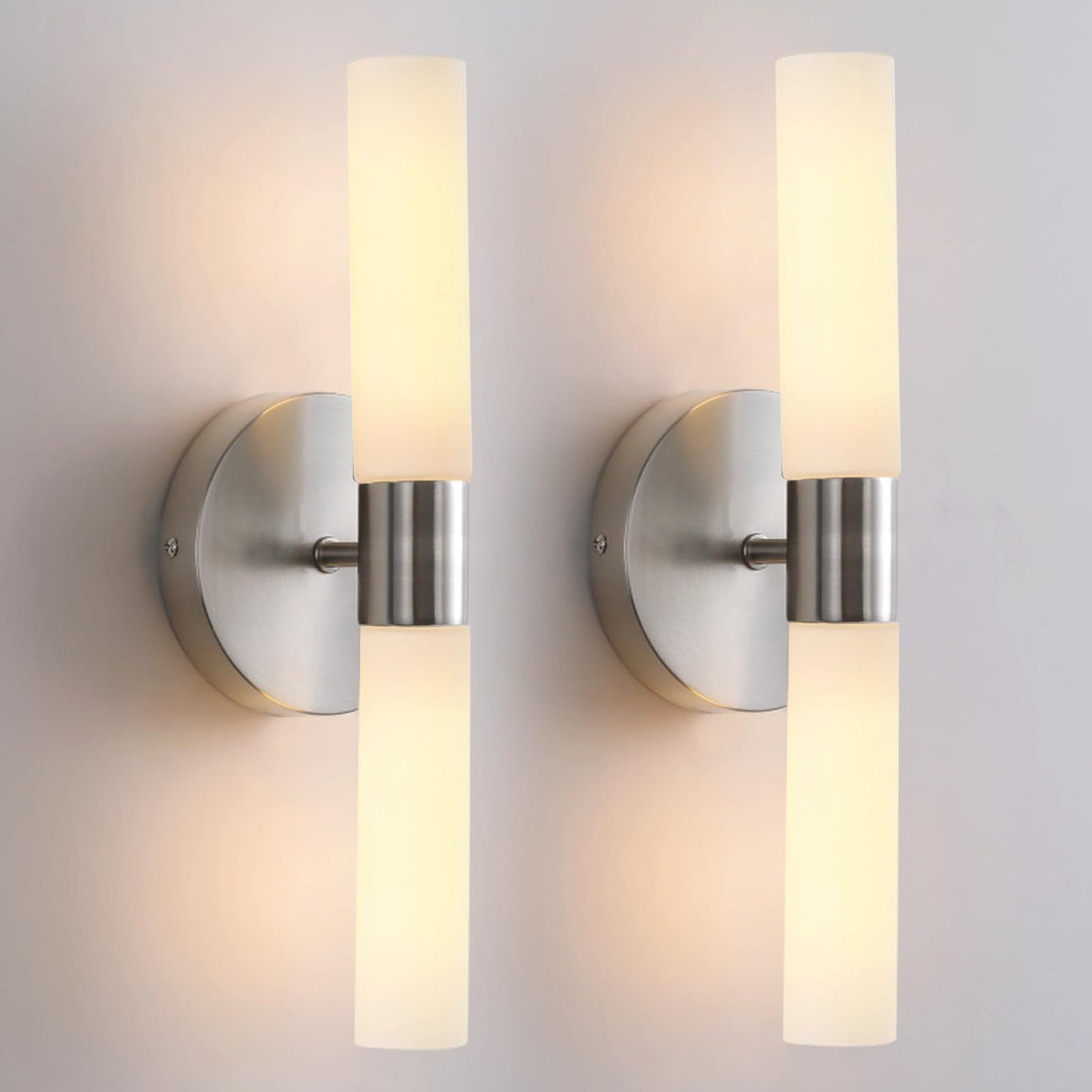 Modern Minimalist Glass Iron Cylindrical Round 2-Light Wall Sconce Lamp For Bedroom &amp; Living Room