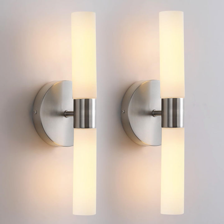 Modern Minimalist Glass Iron Cylindrical Round 2-Light Wall Sconce Lamp For Bedroom &amp; Living Room