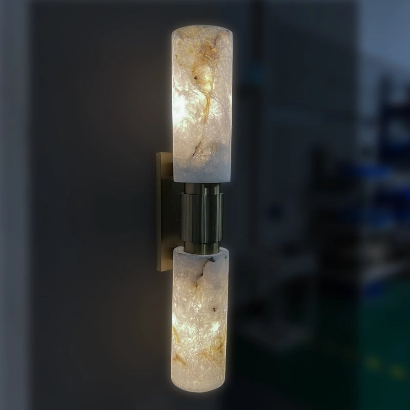 Traditional Vintage Natural Marble &amp; Brass Cylinder Round 2-Light Wall Sconce Lamp For Bedroom &amp; Living Room