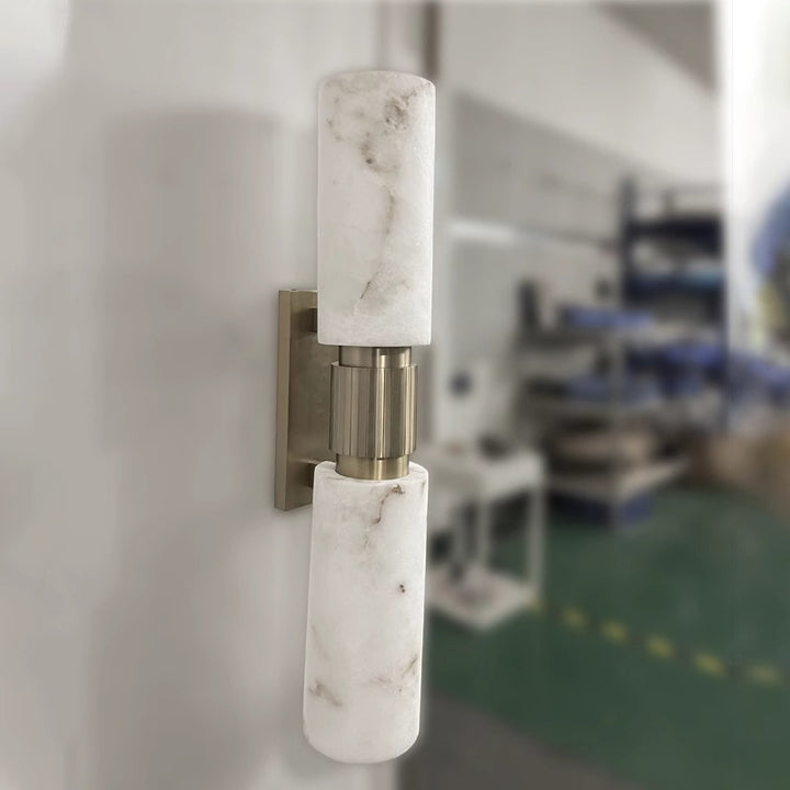 Traditional Vintage Natural Marble &amp; Brass Cylinder Round 2-Light Wall Sconce Lamp For Bedroom &amp; Living Room