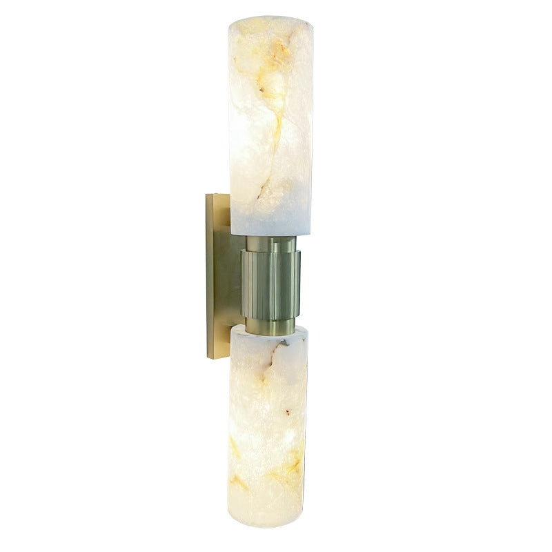 Traditional Vintage Natural Marble &amp; Brass Cylinder Round 2-Light Wall Sconce Lamp For Bedroom &amp; Living Room