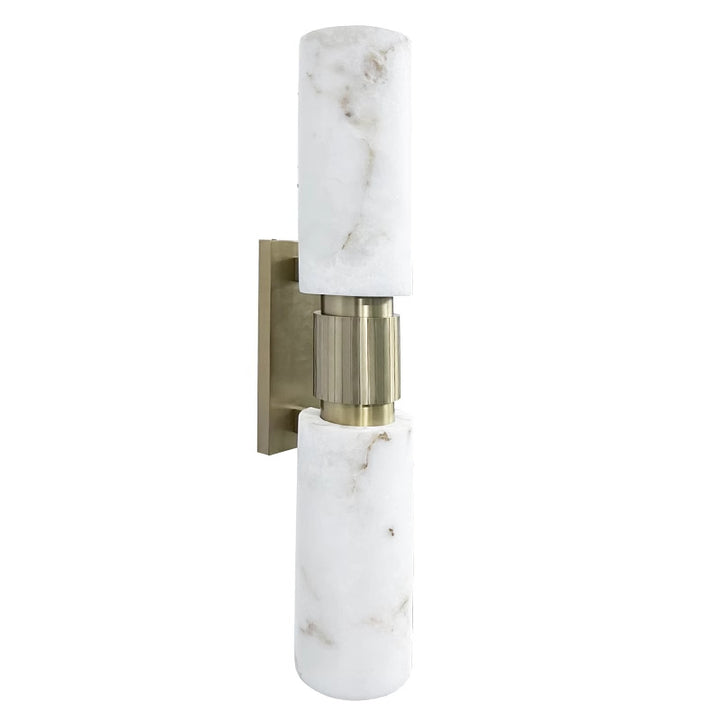 Traditional Vintage Natural Marble &amp; Brass Cylinder Round 2-Light Wall Sconce Lamp For Bedroom &amp; Living Room