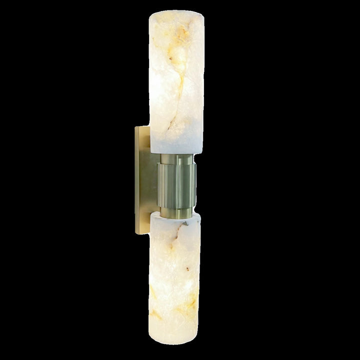 Traditional Vintage Natural Marble &amp; Brass Cylinder Round 2-Light Wall Sconce Lamp For Bedroom &amp; Living Room