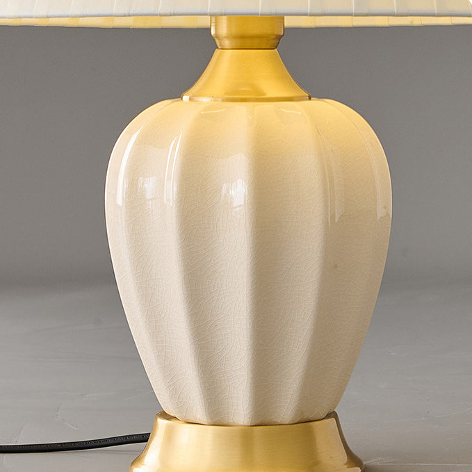 Traditional Chinese Fabric Ceramic Copper Pleated-Fan Round 1-Light Table Lamp For Bedroom &amp; Living Room