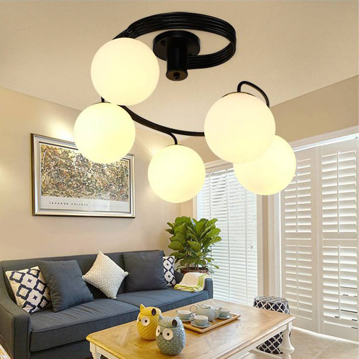 Zeitgenössische Kreative Glas Eisen Gebogene-Runde Kugel 3/5-Licht Semi-Flush Deckenleuchte Für Schlafzimmer & Wohnzimmer 