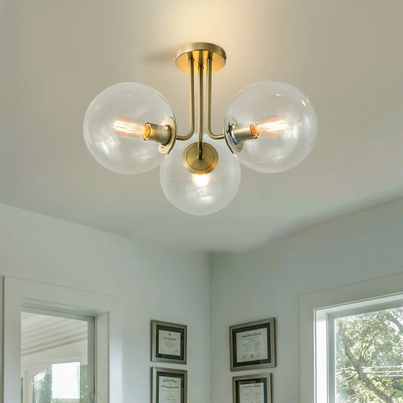 Lustre semi-encastré à 3 lumières avec globe en verre et laiton scandinave contemporain pour chambre et salon 