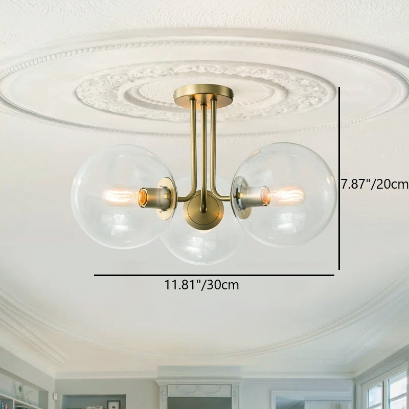 Lustre semi-encastré à 3 lumières avec globe en verre et laiton scandinave contemporain pour chambre et salon 