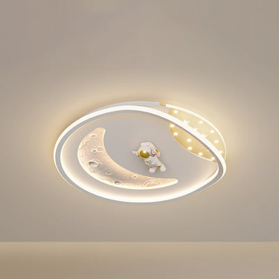 モダンアールデコアクリル樹脂鉄プラネットアストロノートラウンドLEDフラッシュマウントシーリングライト、ベッドルーム＆リビングルーム用 