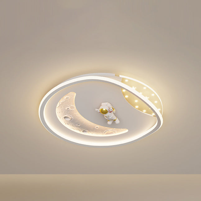 モダンアールデコアクリル樹脂鉄プラネットアストロノートラウンドLEDフラッシュマウントシーリングライト、ベッドルーム＆リビングルーム用 