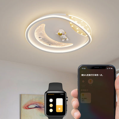 モダンアールデコアクリル樹脂鉄プラネットアストロノートラウンドLEDフラッシュマウントシーリングライト、ベッドルーム＆リビングルーム用 