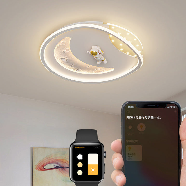 モダンアールデコアクリル樹脂鉄プラネットアストロノートラウンドLEDフラッシュマウントシーリングライト、ベッドルーム＆リビングルーム用 