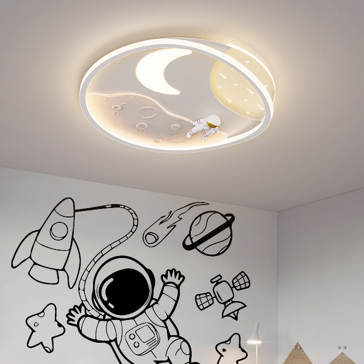 モダンアールデコアクリル樹脂鉄プラネットアストロノートラウンドLEDフラッシュマウントシーリングライト、ベッドルーム＆リビングルーム用 