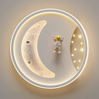 モダンアールデコアクリル樹脂鉄プラネットアストロノートラウンドLEDフラッシュマウントシーリングライト、ベッドルーム＆リビングルーム用 