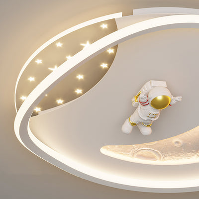 モダンアールデコアクリル樹脂鉄プラネットアストロノートラウンドLEDフラッシュマウントシーリングライト、ベッドルーム＆リビングルーム用 