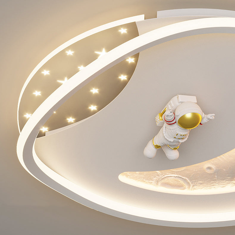 モダンアールデコアクリル樹脂鉄プラネットアストロノートラウンドLEDフラッシュマウントシーリングライト、ベッドルーム＆リビングルーム用 