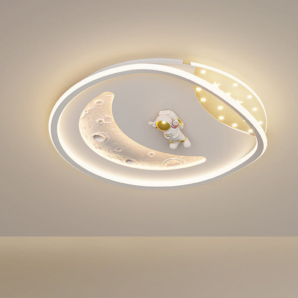 モダンアールデコアクリル樹脂鉄プラネットアストロノートラウンドLEDフラッシュマウントシーリングライト、ベッドルーム＆リビングルーム用 
