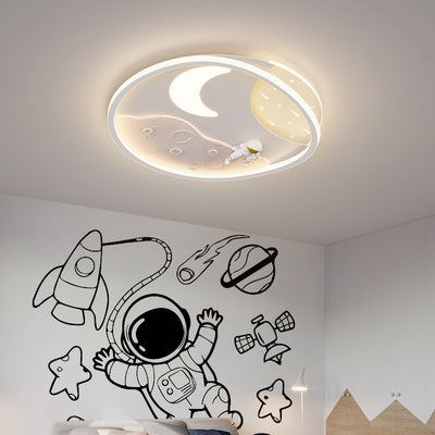 モダンアールデコアクリル樹脂鉄プラネットアストロノートラウンドLEDフラッシュマウントシーリングライト、ベッドルーム＆リビングルーム用 