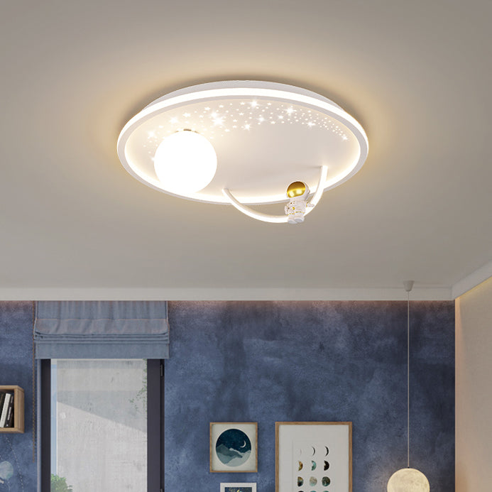 Modern Art Deco Kids Glass Acrylic Iron Astronaut Planet LED Flush Mount Ceiling Light For Bedroom &amp; Living Room