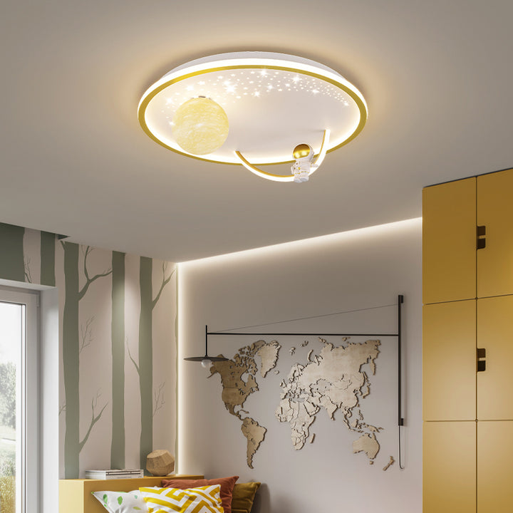 Modern Art Deco Kids Glass Acrylic Iron Astronaut Planet LED Flush Mount Ceiling Light For Bedroom &amp; Living Room