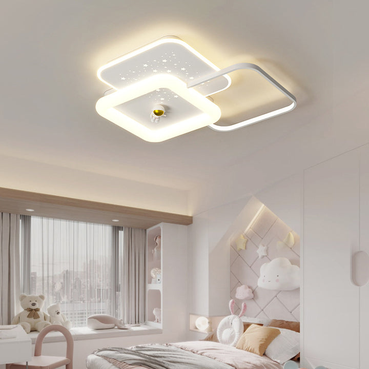 Contemporary Creative Acrylic Aluminum Iron Square Round Planet LED Flush Mount Ceiling Light For Bedroom