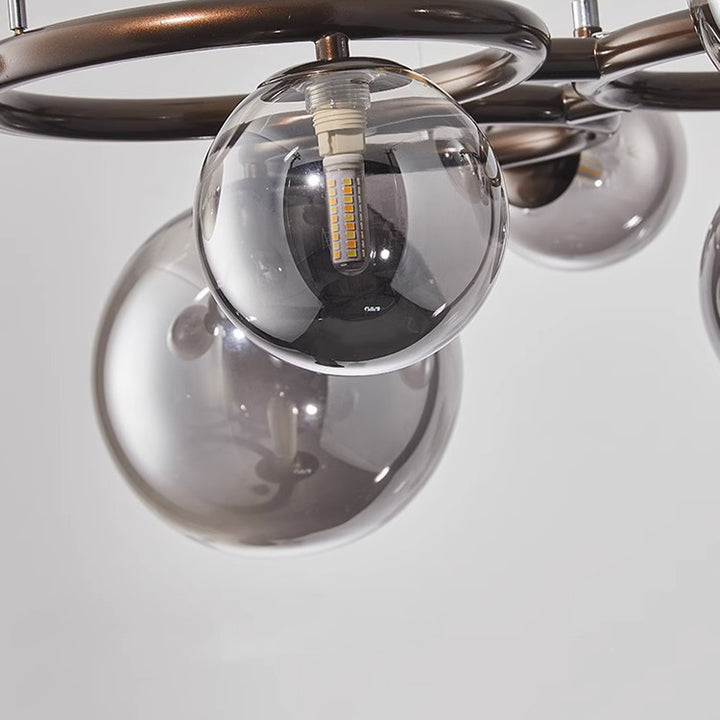 Lámpara de araña contemporánea escandinava de vidrio y hierro redondo de 5/7/9 luces para dormitorio y sala de estar 