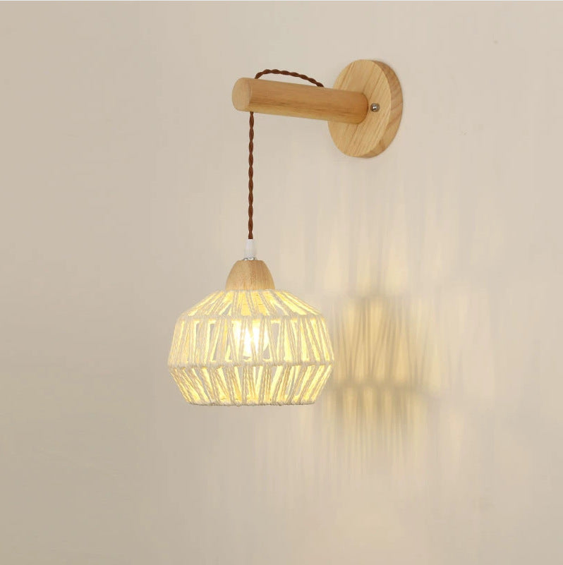 Traditional Japanese Rattan Solid Wood Hollow Round 1-Light Wall Sconce Lamp For Bedroom & Living Room