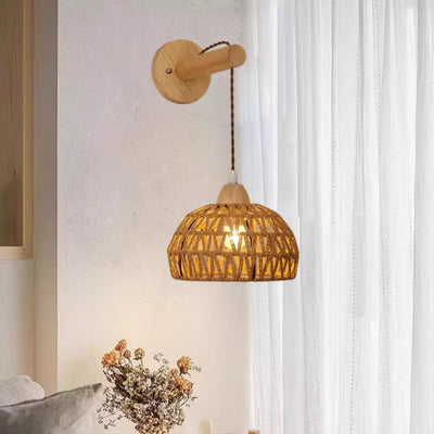Traditional Japanese Rattan Solid Wood Hollow Round 1-Light Wall Sconce Lamp For Bedroom & Living Room