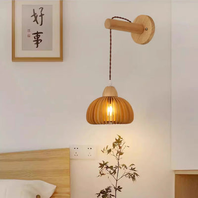 Traditional Japanese Rattan Solid Wood Hollow Round 1-Light Wall Sconce Lamp For Bedroom & Living Room
