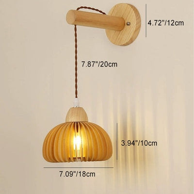 Traditional Japanese Rattan Solid Wood Hollow Round 1-Light Wall Sconce Lamp For Bedroom & Living Room