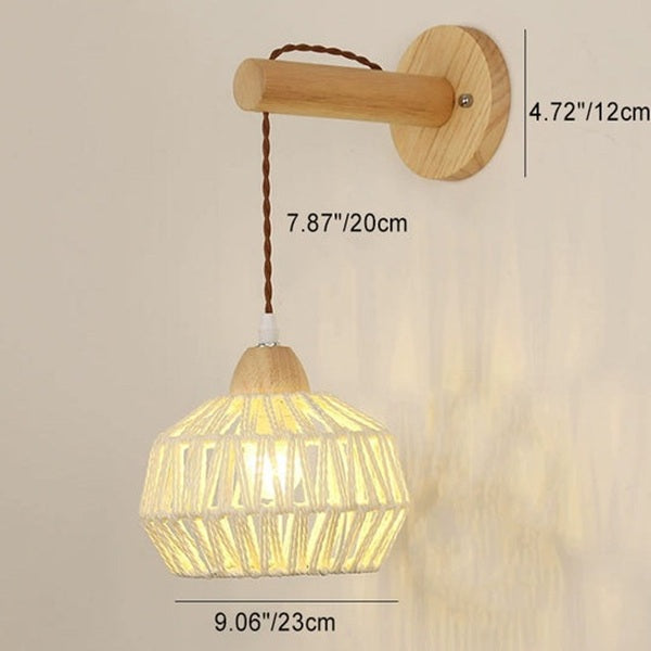 Traditional Japanese Rattan Solid Wood Hollow Round 1-Light Wall Sconce Lamp For Bedroom & Living Room