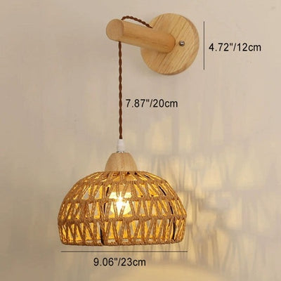 Traditional Japanese Rattan Solid Wood Hollow Round 1-Light Wall Sconce Lamp For Bedroom & Living Room