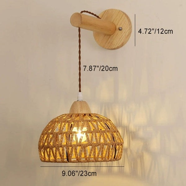 Traditional Japanese Rattan Solid Wood Hollow Round 1-Light Wall Sconce Lamp For Bedroom & Living Room